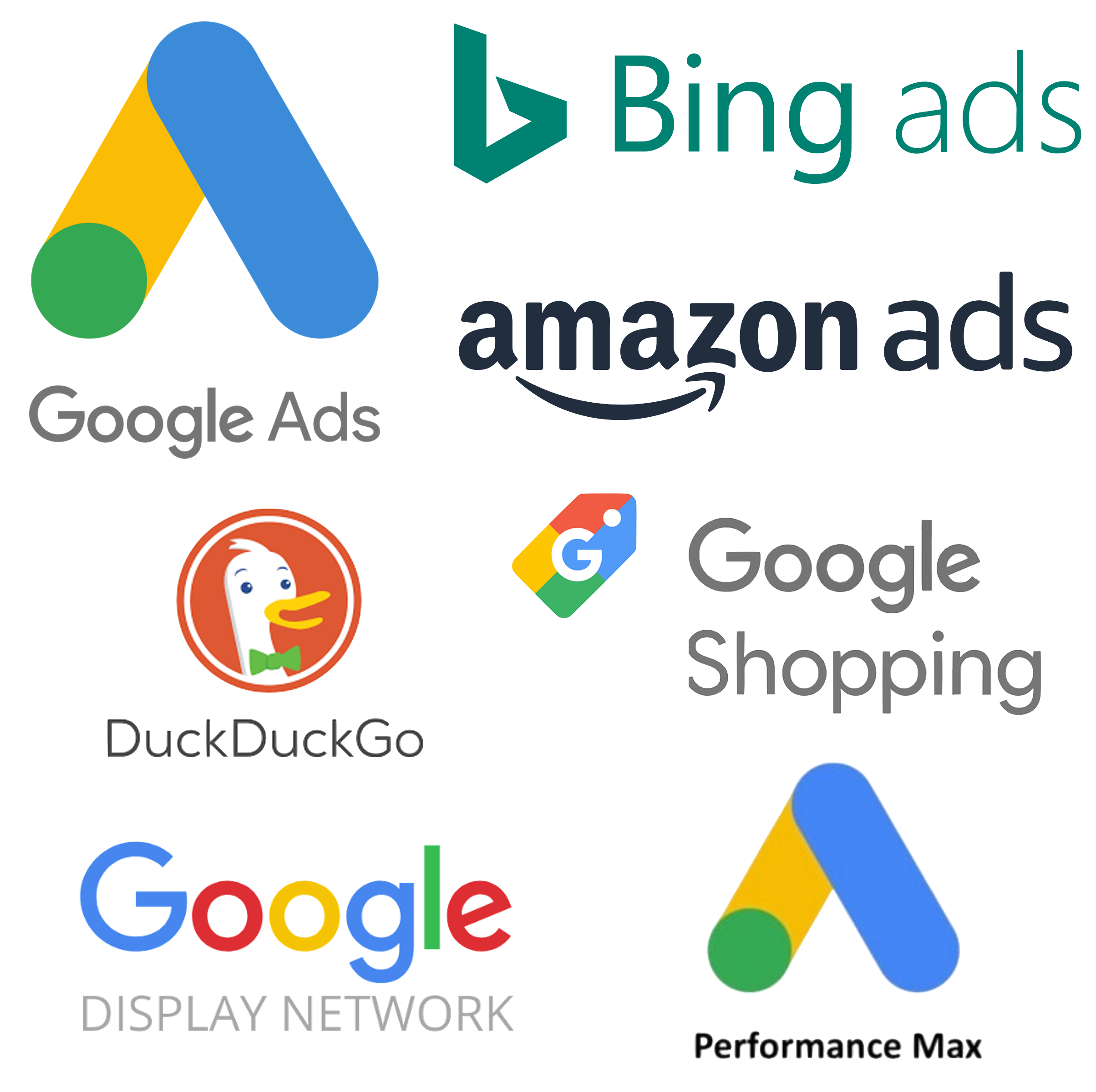 Logos of the different types of PPC advertising you can do including google, bing, amazon, duckduckgo