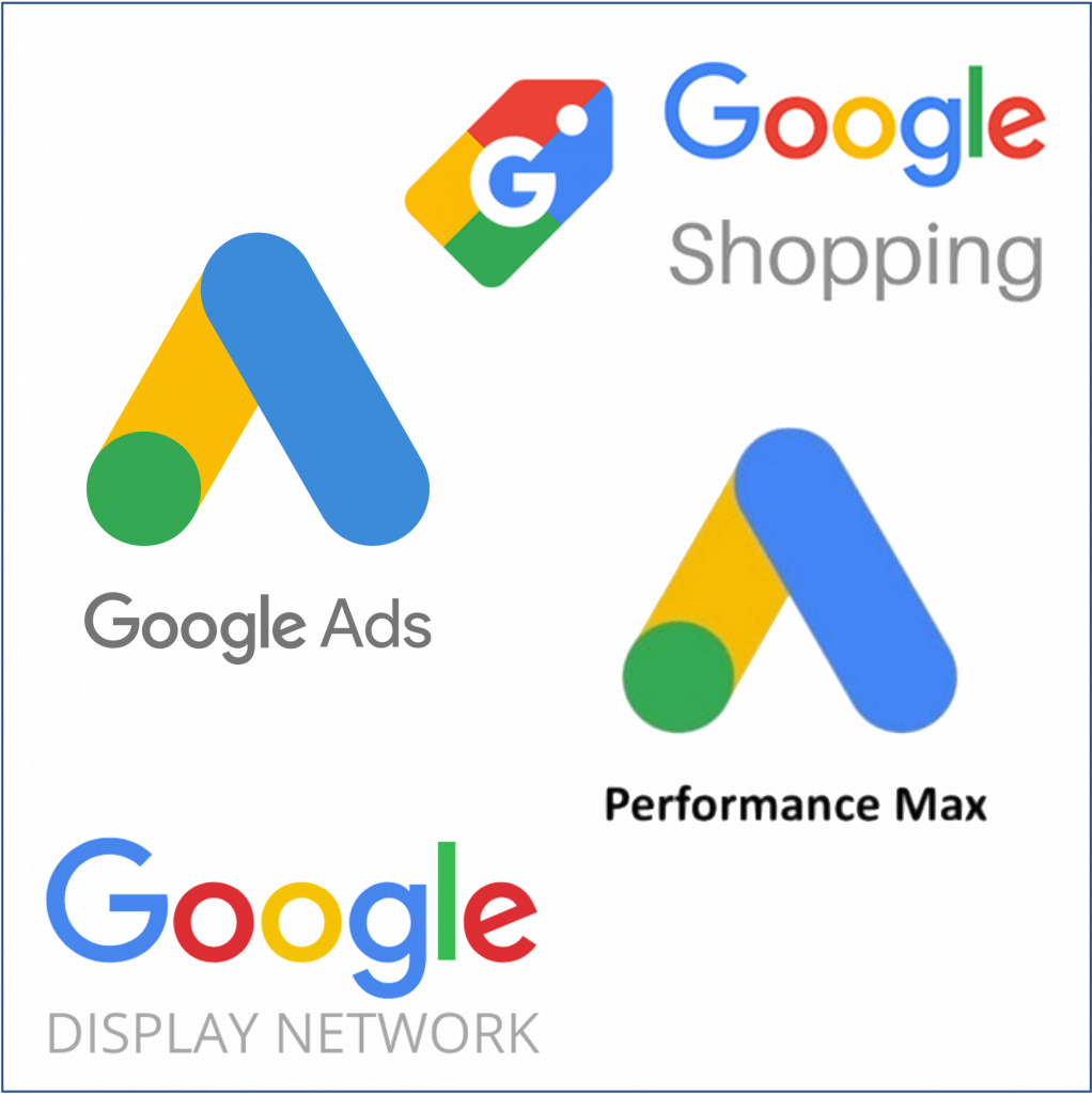 A logo of Google Shopping, Google AdWords, Performance Max and Google Display Network